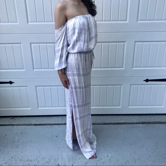 NWOT White & lilac strapless maxi dress w/ sleeves - Picture 4 of 6